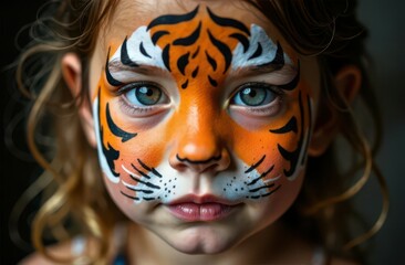 Naklejka premium Caucasian little girl with tiger animal face painting, close-up. Events and entertainment for children. Kid's birthday party or pastime on vacation