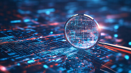 A stylized magnifying glass icon floating over digital reports and research data, representing online legal services, investigation platforms, and analysis tools. 