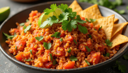A bowl of vibrant Mexican rice with tomato, onion, and garlic