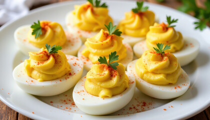 A platter of deviled eggs arranged in a circle