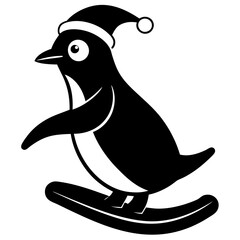 Penguin sliding on ice wearing a Santa Claus hat
