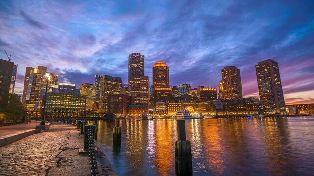 Night Time Lapse of the Boston Skyline from the Harbor Side