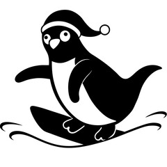 Penguin sliding on ice wearing a Santa Claus hat