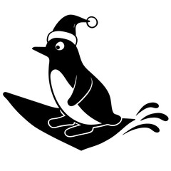 Penguin sliding on ice wearing a Santa Claus hat