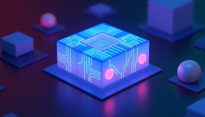 3D render of a network icon with a digital circuit theme, featuring glowing pathways and a holographic effect, placed on a dark surface with reflections create with ai