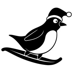 Penguin sliding on ice wearing a Santa Claus hat