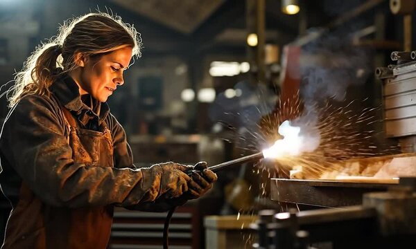 Female welder working in a metal fabrication workshop, sparks flying from the welding torch.