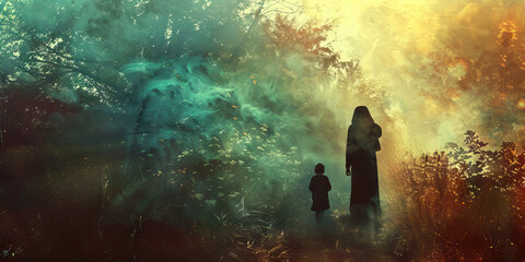Obraz premium Silhouetted Adult and Child in a Mystical Forest