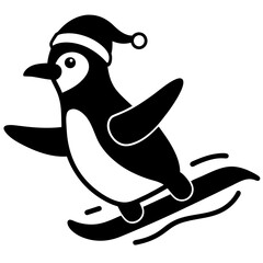 Penguin sliding on ice wearing a Santa Claus hat