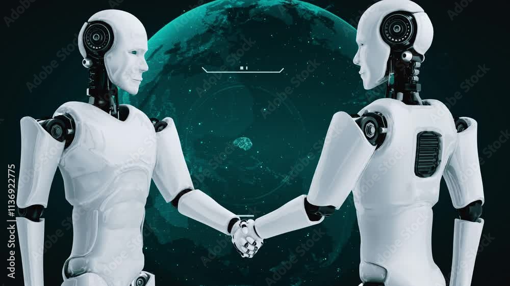 Poster 3d rendering hominoid robot handshake to collaborate future technology development by ai thinking br