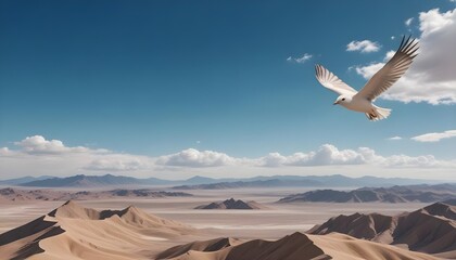 Naklejka premium A bird flying over a desert landscape with mountains in the background under a blue sky with clouds