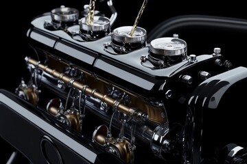 Cartoon style animated illustration of an engine with oil flowing between cylinder heads