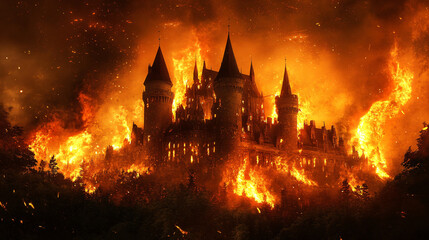 An abandoned castle with flames dancing on its turrets, the orange fire illuminating a smoky night sky.