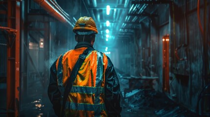 Obraz premium Focused construction worker in safety gear inside dark atmospheric tunnel showcasing dedication