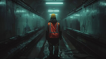 Dedicated construction worker in safety gear focused inside a dramatic underground tunnel scene