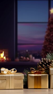 Panning camera near Christmas tree, gifts and a fireplace - vertical animation