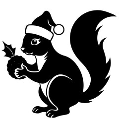 Squirrel with a Christmas hat holding a nut under a mistletoe