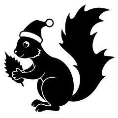 Squirrel with a Christmas hat holding a nut under a mistletoe