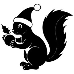 Squirrel with a Christmas hat holding a nut under a mistletoe