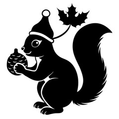 Squirrel with a Christmas hat holding a nut under a mistletoe