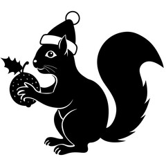 Squirrel with a Christmas hat holding a nut under a mistletoe