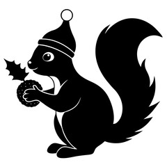 Squirrel with a Christmas hat holding a nut under a mistletoe