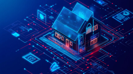 Illustration of a digital house with connected smart home icons, showing automated technology for modern living spaces. 