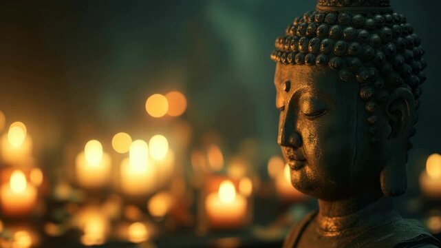 Statue of a Buddha with candles around it. The statue is surrounded by candles of different sizes