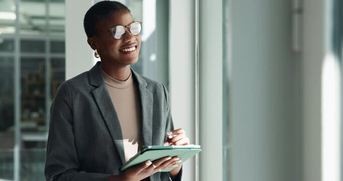 Pen, thinking and business black woman on tablet for website, research and online project. Creative company, professional and person on digital tech for planning, software and web design ideas