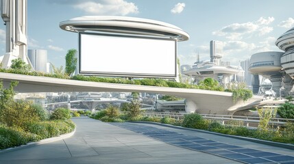 Futuristic Urban Park with Blank Billboard and Eco-Friendly Design