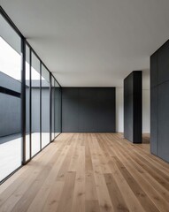 Obraz premium Modern interior space with wooden flooring and dark wall ready for decoration