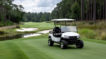 Scenic golf course with white cart on lush green fairway