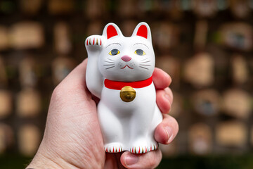 Gotokuji Temple: Tokyo's Birthplace of Maneki Neko 'Lucky Cat' Shinto Shrine for good fortune and Cat Lovers. Porcelain figure and temple details