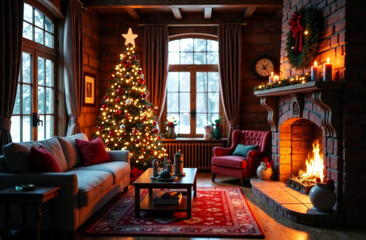 Fototapeta premium Winter holidays. Cozy Christmas living room with fireplace, Christmas tree and festive decor in winter cottage overlooking snow-covered trees. Eco-friendly. 3D product demo mockup. Showcase.