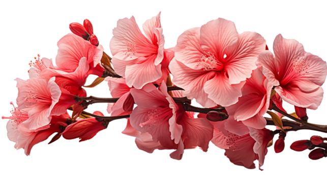Rose of Sharon branch with red blossoms, ideal for elegant floral designs and nature-inspired themes, isolated on transparent background.