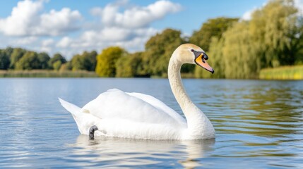 Fototapeta premium Elegant swan gliding on tranquil lake in serene nature setting