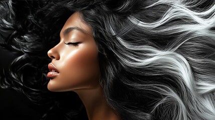 Naklejka premium Advertisement showcasing a photo of hair transformation, featuring a color change to black, emphasizing vibrancy. 