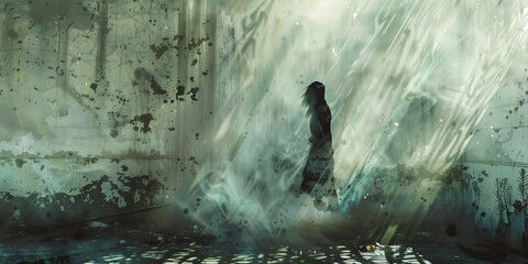 Fototapeta premium Silhouetted Figure in a Decaying Room