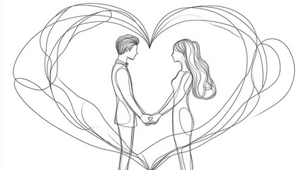 Black line art of a couple holding hands with a heart shape, symbolizing wedding romance and love