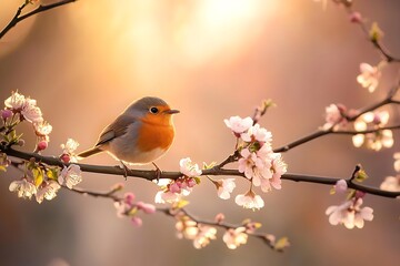 European robin perching on blooming tree branch at sunset