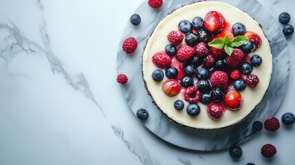 A rich Basque cheesecake on marble with fresh berries for a delicious presentation.



