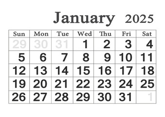 Planner calendar for January 2025. Monthly Organizer. 2025 Monthly Planner