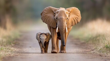 Adorable baby elephant walking with mother on a dirt path in nature