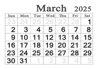 Planner calendar for March 2025. Monthly Organizer. 2025 Monthly Planner