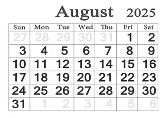 Planner calendar for August 2025. Monthly Organizer. 2025 Monthly Planner