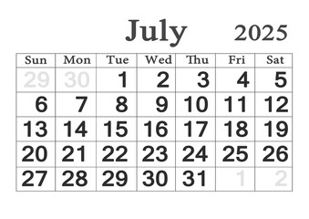 Planner calendar for July 2025. Monthly Organizer. 2025 Monthly Planner