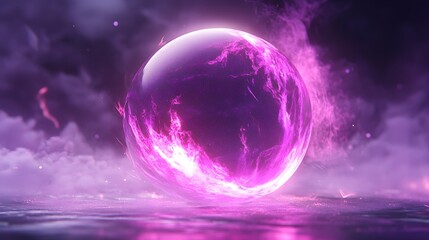 Obraz premium Abstract neon energy sphere of particles and waves with magical glowing effects, featuring purple and pink flames and sparks