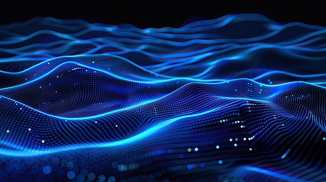 Abstract digital waves with glowing blue lines and dots, representing data flow and technology.
