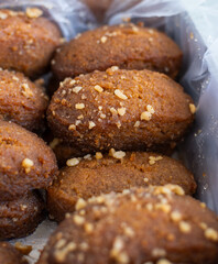 Top view photo shows 'melomakarona' Greek traditional desert.