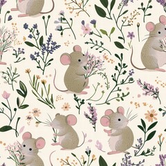 Charming design showcases adorable mice frolicking in a garden filled with vibrant flowers and lush leaves, creating a playful ambiance. Generative AI